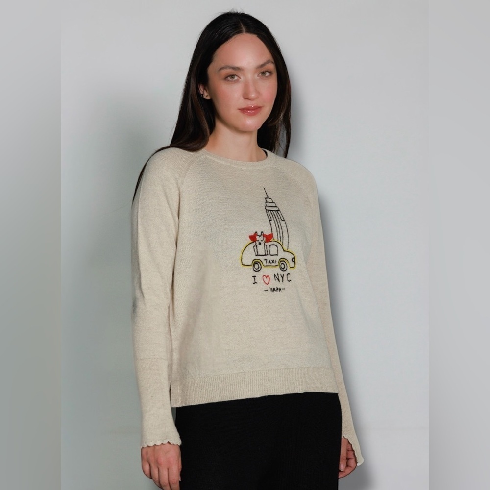 YAPA New York Llama Taxi Sweater Cream Baby Alpaca Hand Embroidered Knit Size L